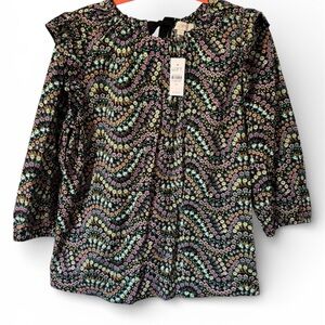 NWT LOFT Black Floral Cotton Blouse Ruffle Shoulders Tie Back Size Medium
